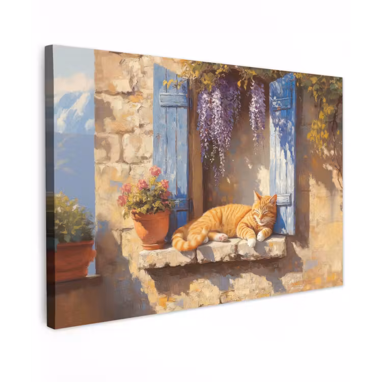 Canvas schilderij - Kat - Stenen vensterbank - Bloemen — 1