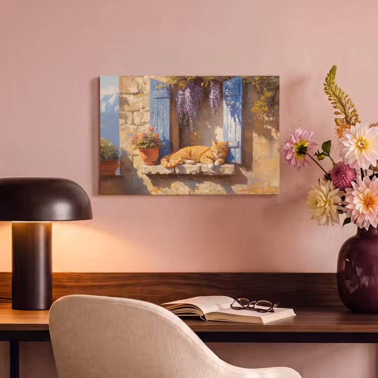 Canvas schilderij - Kat - Stenen vensterbank - Bloemen — 6