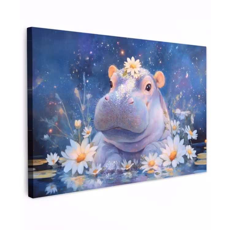 Canvas schilderij - Nijlpaard - Madeliefjes - Sterrenhemel — 1