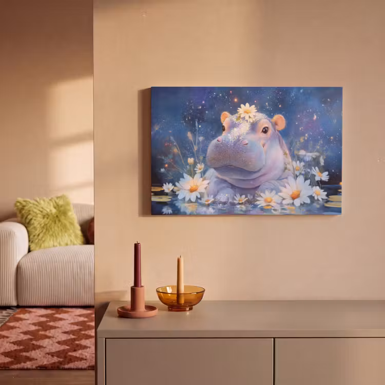 Canvas schilderij - Nijlpaard - Madeliefjes - Sterrenhemel — 2