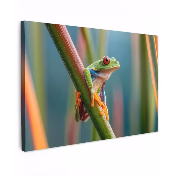 Canvas schilderij - Kleurrijke kikker - Groene stengel - Alert — 1