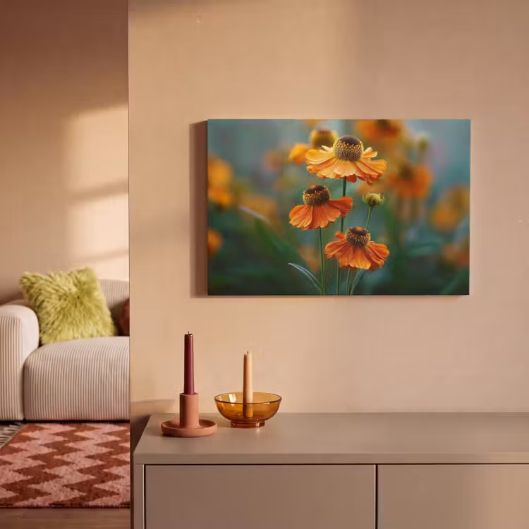 Canvas schilderij - Oranje bloemen - Levendig - Wazige achtergrond — 2