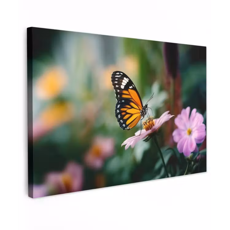 Canvas schilderij - Roze bloemen - Vlinder - Zachte focus — 1