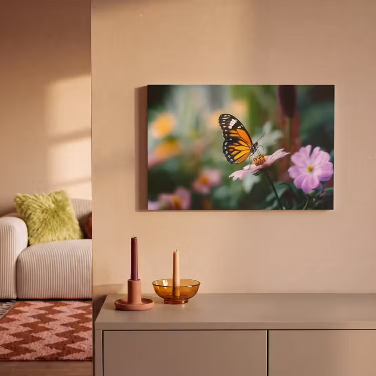 Canvas schilderij - Roze bloemen - Vlinder - Zachte focus — 2