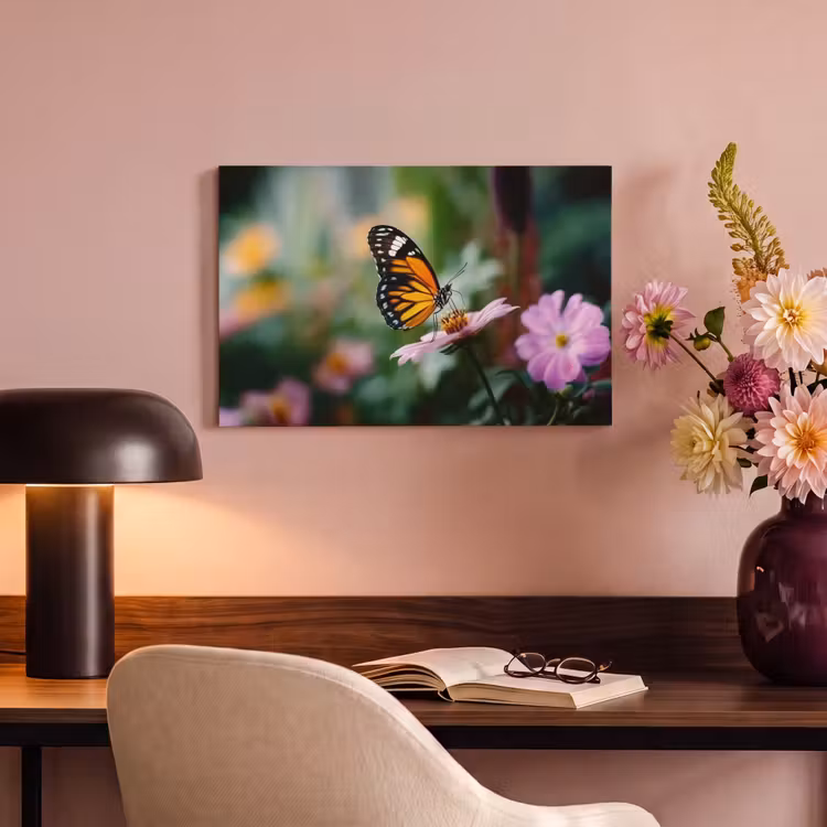 Canvas schilderij - Roze bloemen - Vlinder - Zachte focus — 6