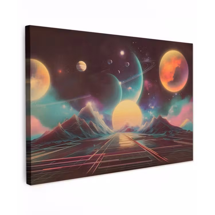 Canvas schilderij - Planeten - Neon - Berglandschap - Zon — 1