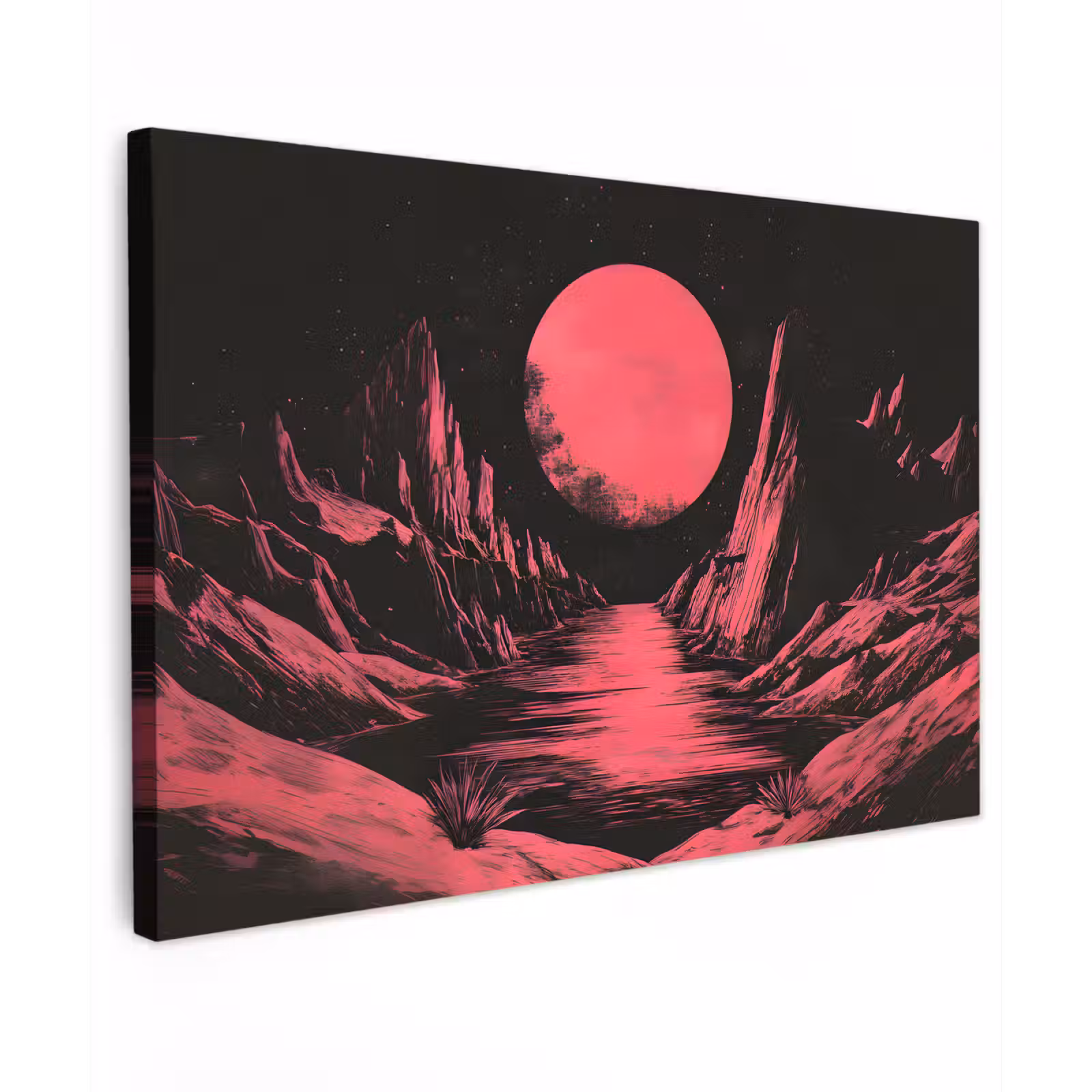 Canvas schilderij - Maan - Felroze - Bergen - Rivier — 1