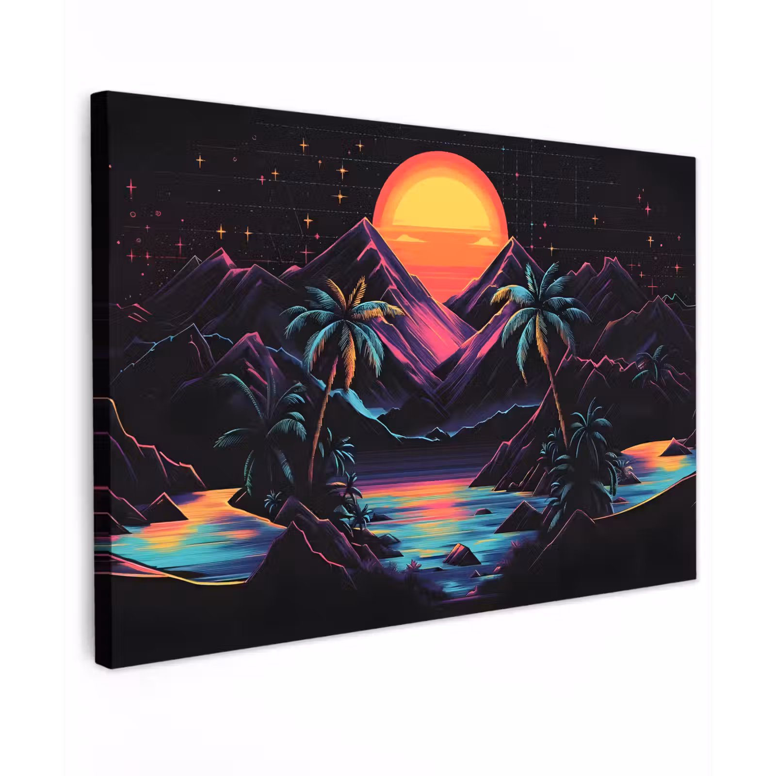 Canvas schilderij - Palmbomen - Neonbergen - Sterrenhemel - Zon — 1