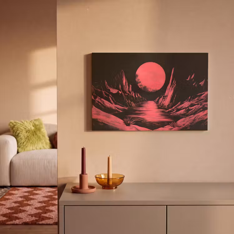 Canvas schilderij - Maan - Felroze - Bergen - Rivier — 2