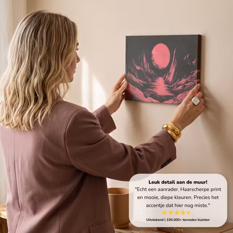 Canvas schilderij - Maan - Felroze - Bergen - Rivier — 3