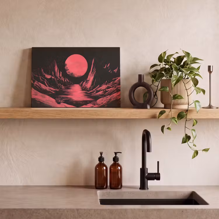Canvas schilderij - Maan - Felroze - Bergen - Rivier — 4