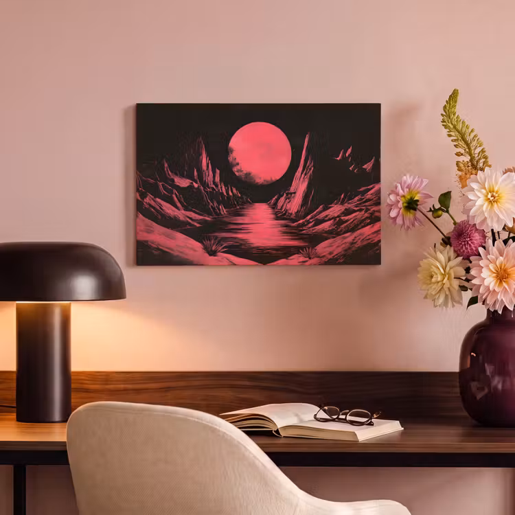 Canvas schilderij - Maan - Felroze - Bergen - Rivier — 6