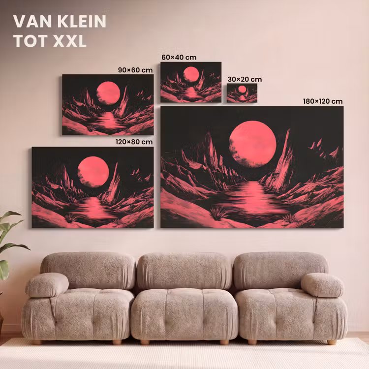 Canvas schilderij - Maan - Felroze - Bergen - Rivier — 8