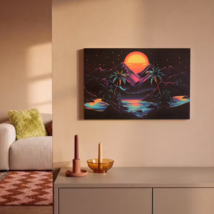 Canvas schilderij - Palmbomen - Neonbergen - Sterrenhemel - Zon — 2