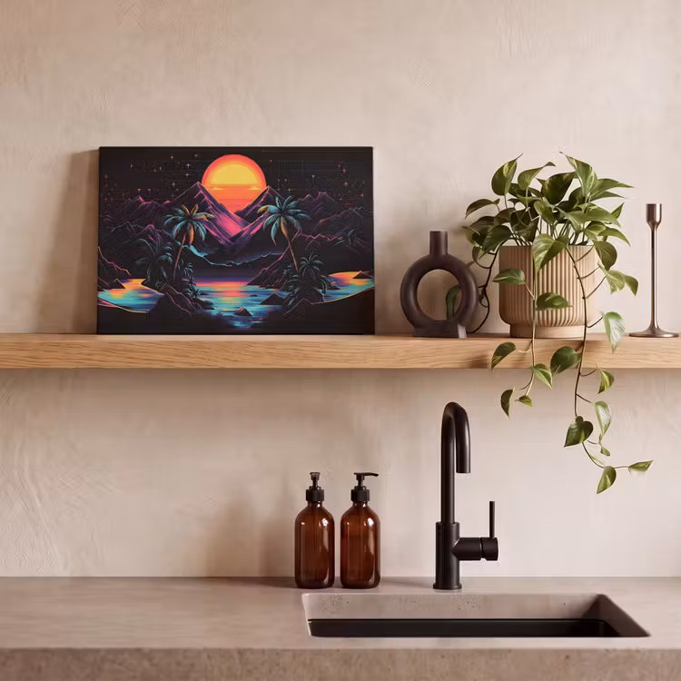 Canvas schilderij - Palmbomen - Neonbergen - Sterrenhemel - Zon — 4