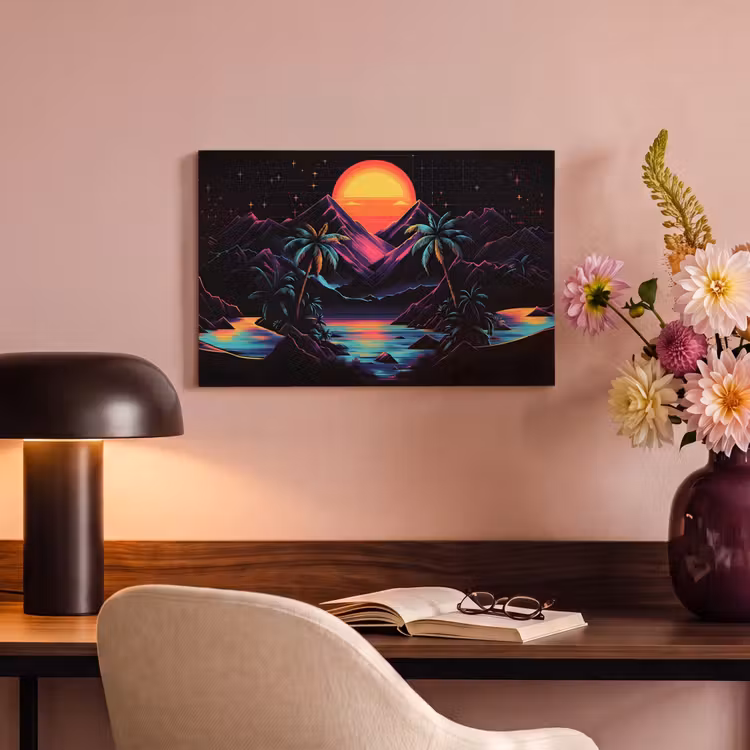 Canvas schilderij - Palmbomen - Neonbergen - Sterrenhemel - Zon — 6