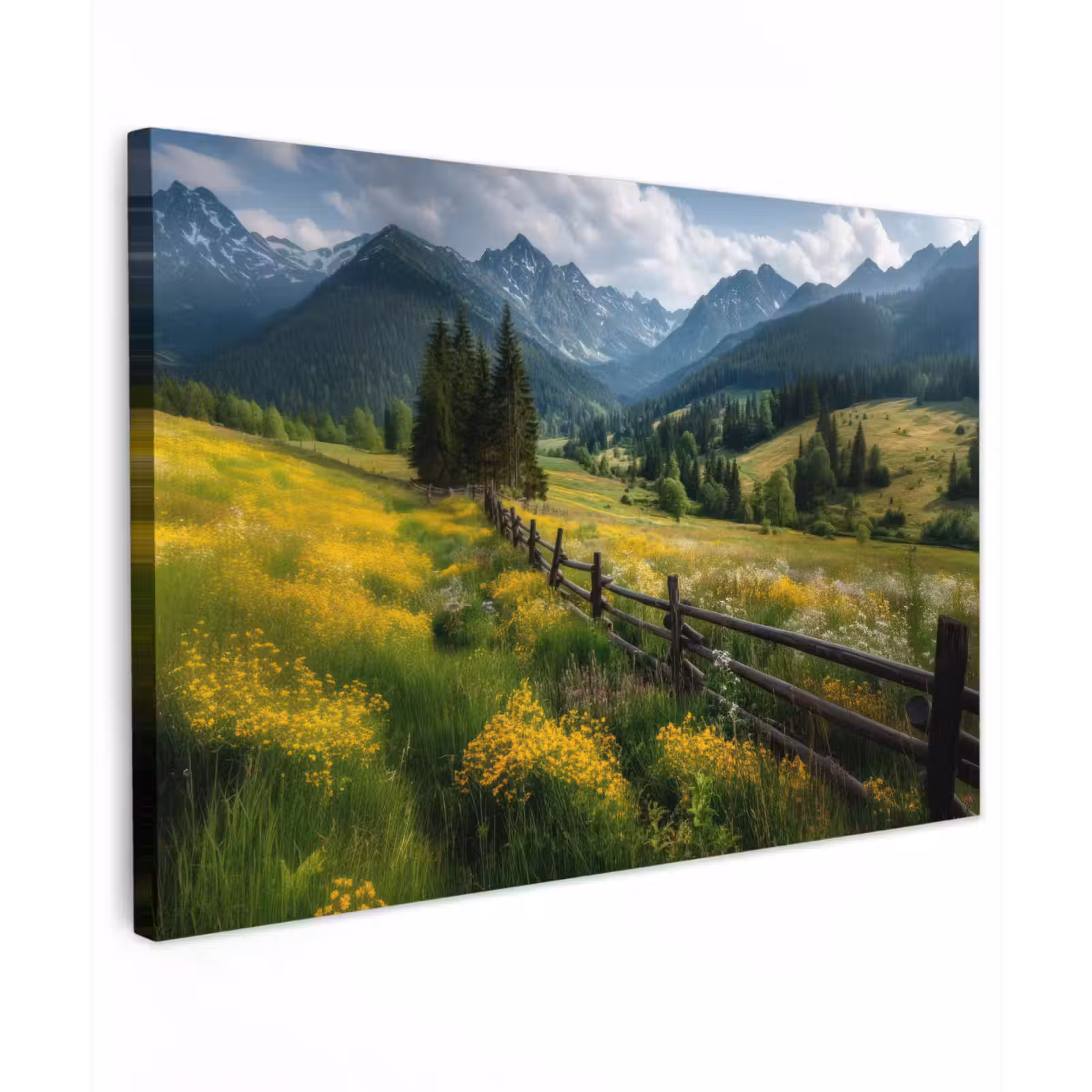 Canvas schilderij - Veld - Hek - Bergen - Bloemen — 1