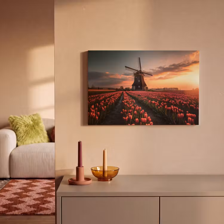 Canvas schilderij - Molen - Zonsondergang - Tulpen - Rood — 2