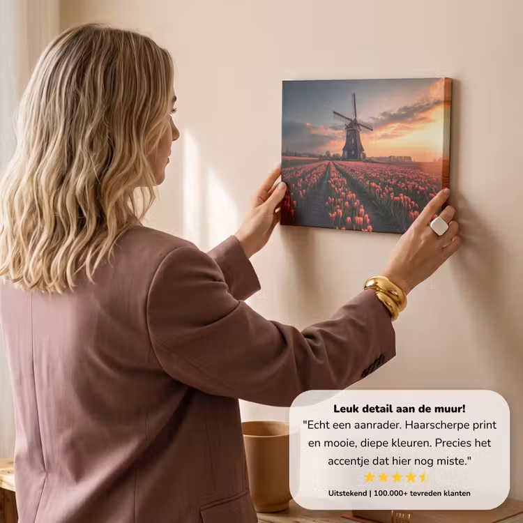 Canvas schilderij - Molen - Zonsondergang - Tulpen - Rood — 3