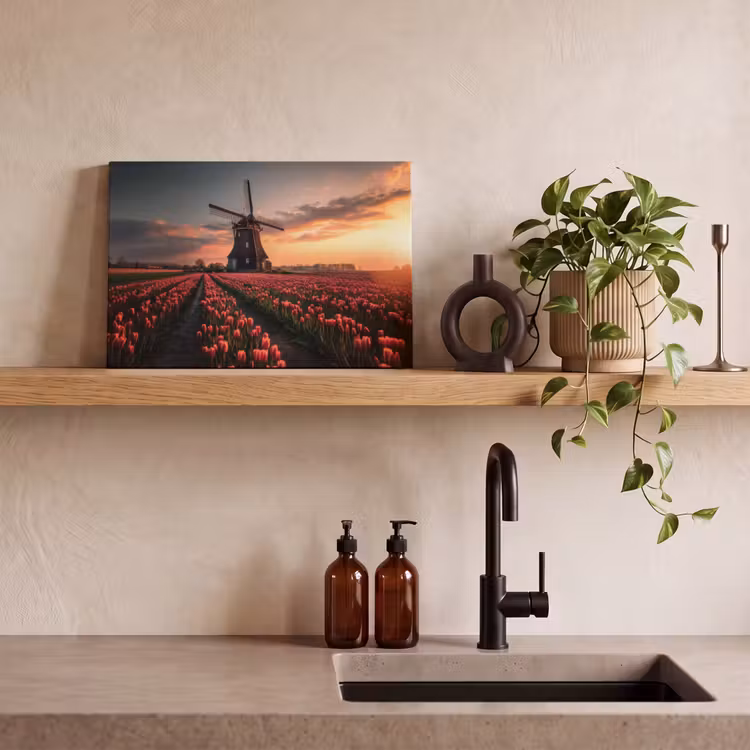 Canvas schilderij - Molen - Zonsondergang - Tulpen - Rood — 4