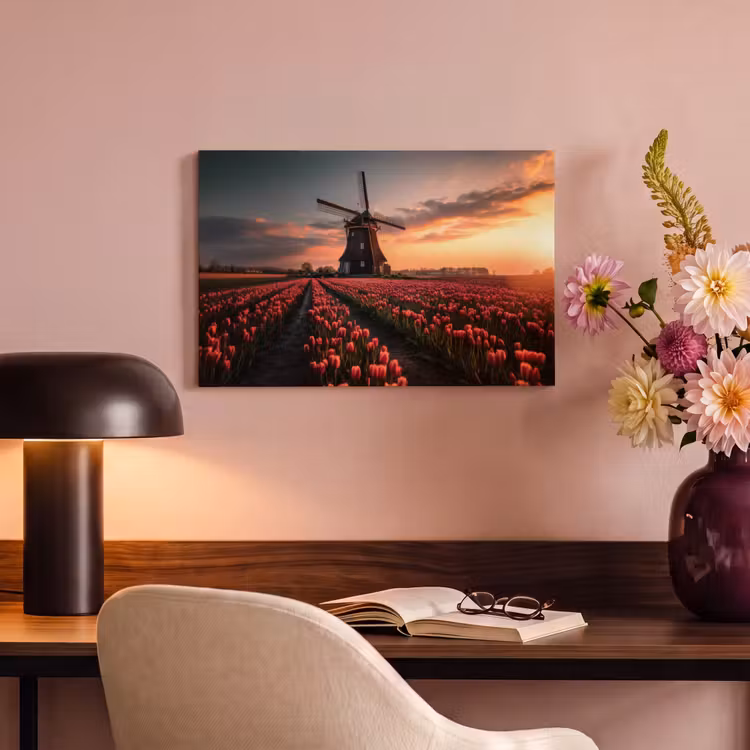 Canvas schilderij - Molen - Zonsondergang - Tulpen - Rood — 6