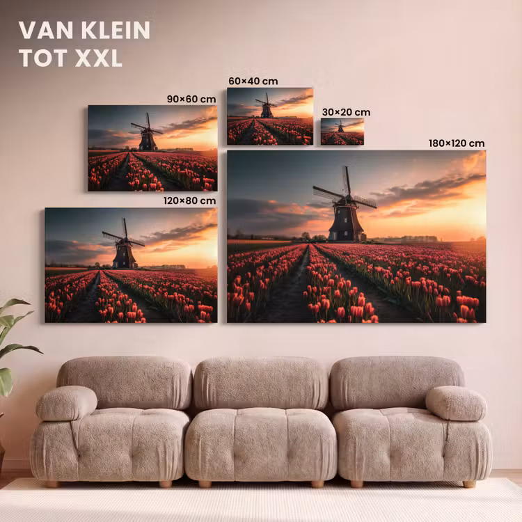 Canvas schilderij - Molen - Zonsondergang - Tulpen - Rood — 8