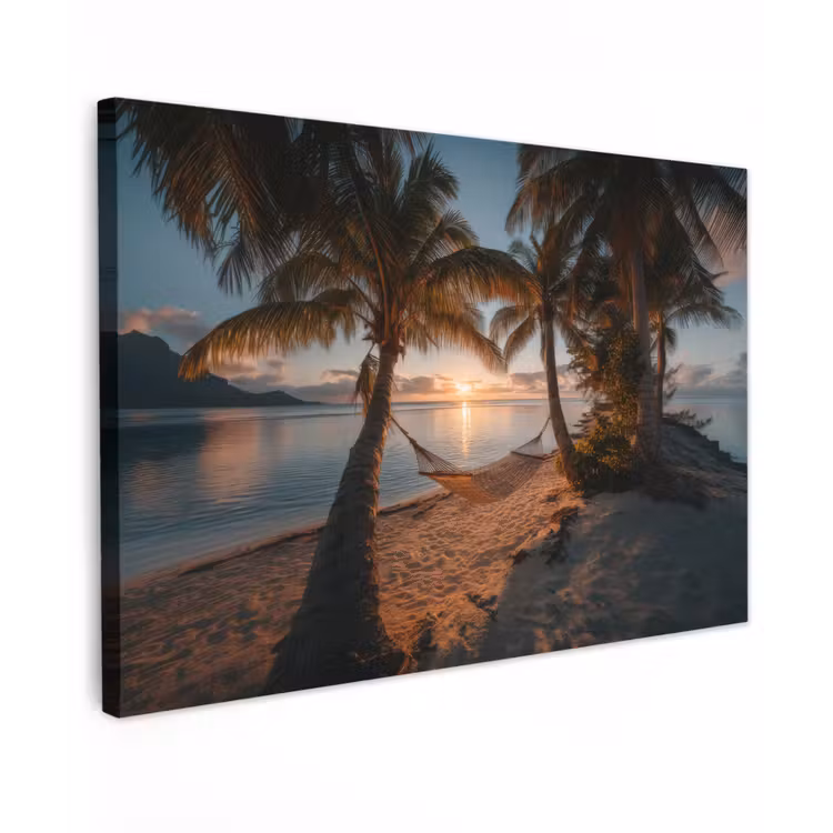 Canvas schilderij - Palmbomen - Hangmat - Strand - Zonsondergang — 1