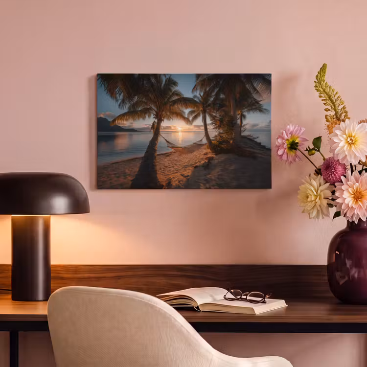 Canvas schilderij - Palmbomen - Hangmat - Strand - Zonsondergang — 6
