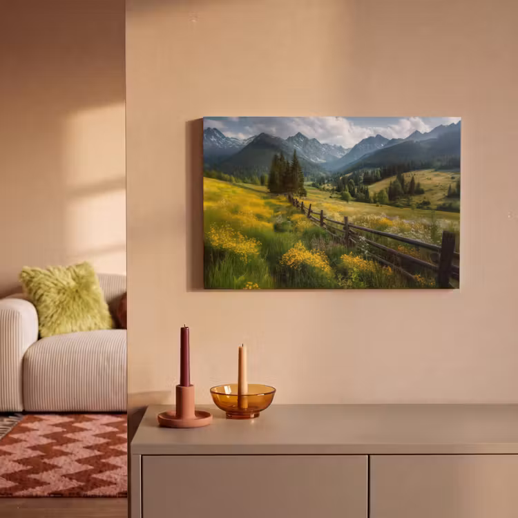 Canvas schilderij - Veld - Hek - Bergen - Bloemen — 2