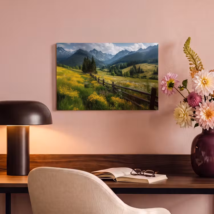 Canvas schilderij - Veld - Hek - Bergen - Bloemen — 6