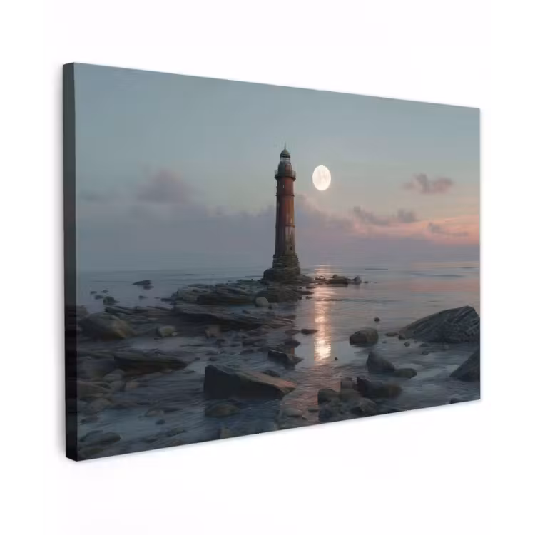 Canvas schilderij - Vuurtoren - Stenen - Water - Maan — 1