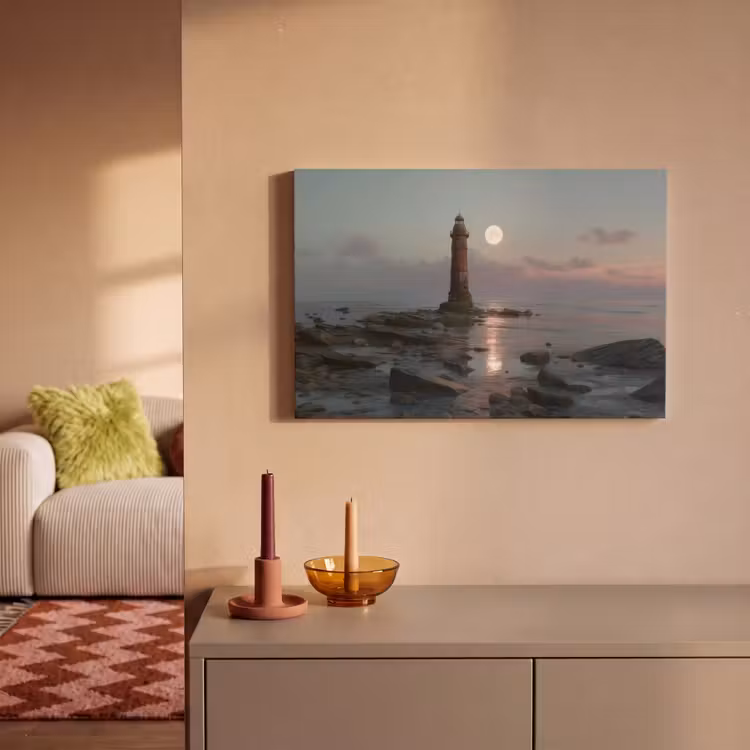 Canvas schilderij - Vuurtoren - Stenen - Water - Maan — 2
