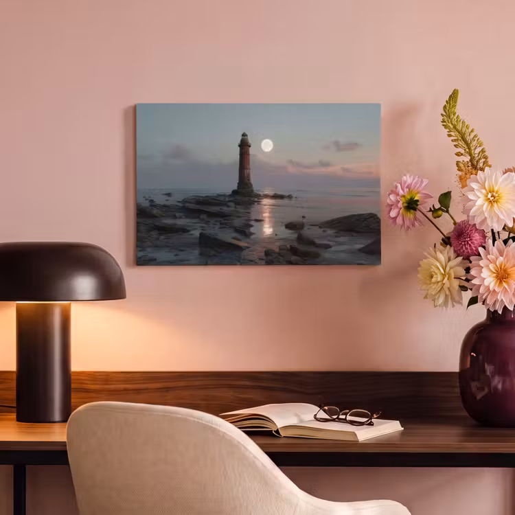 Canvas schilderij - Vuurtoren - Stenen - Water - Maan — 6