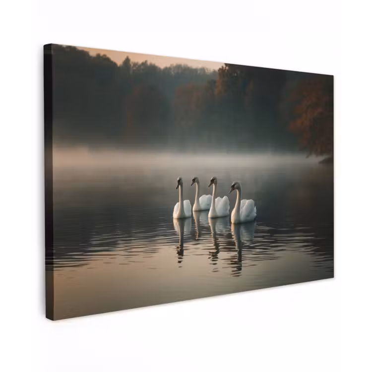 Canvas schilderij - Zwanen - Wit - Water - Mist — 1