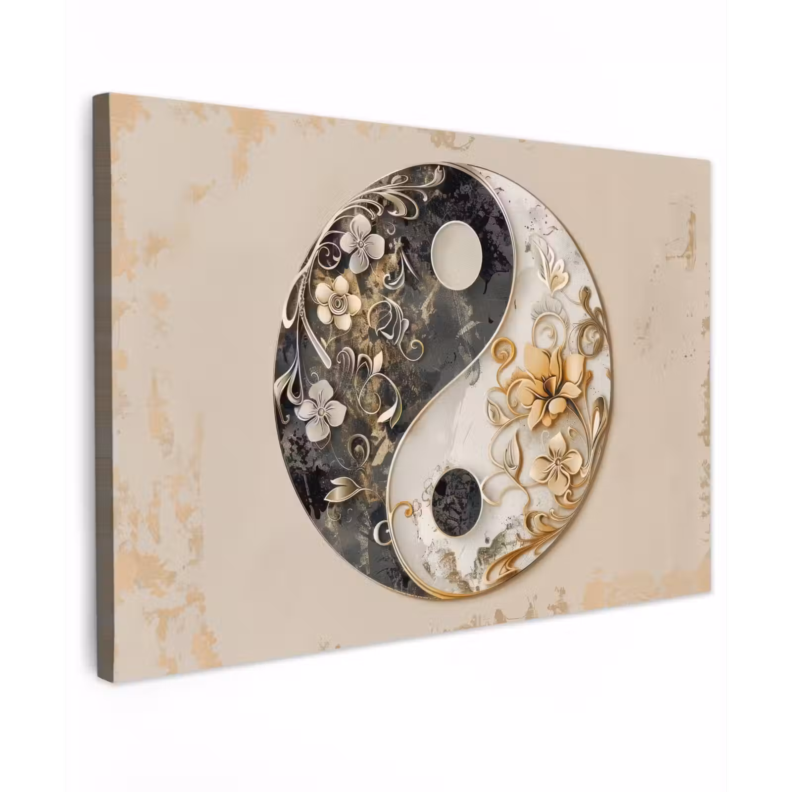 Canvas schilderij - Yin Yang - Bloemen - Zwart - Wit - Vintage — 1