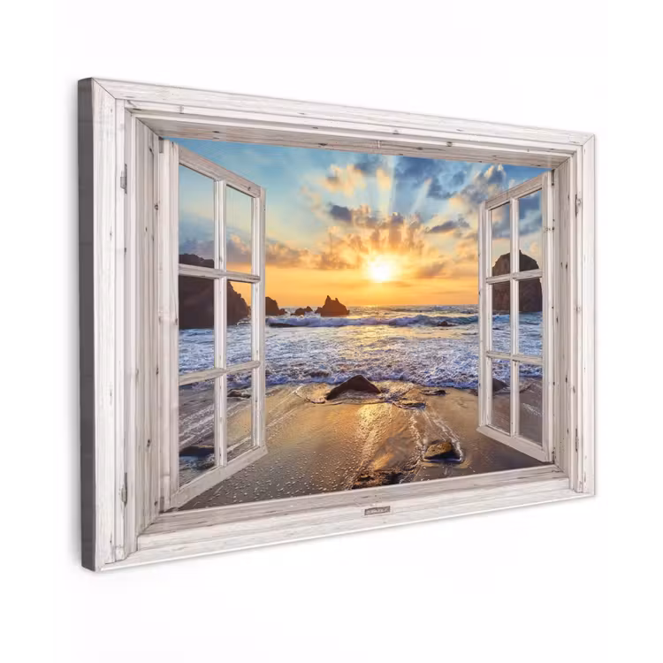 Canvas schilderij - Strand - Doorkijk - Zonsondergang - Landschap - Zee - Natuur — 1