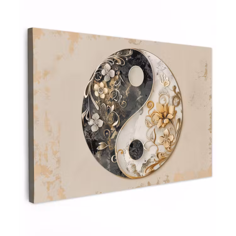 Canvas schilderij - Yin Yang - Bloemen - Zwart - Wit - Vintage — 1