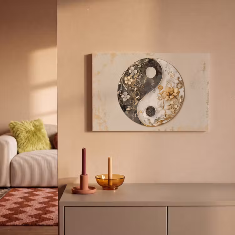 Canvas schilderij - Yin Yang - Bloemen - Zwart - Wit - Vintage — 2