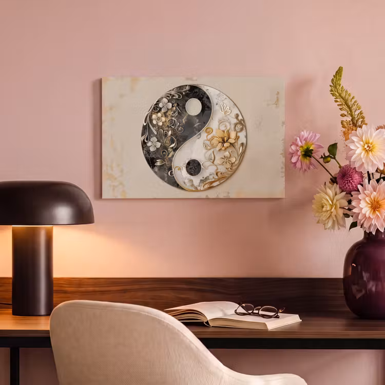 Canvas schilderij - Yin Yang - Bloemen - Zwart - Wit - Vintage — 6