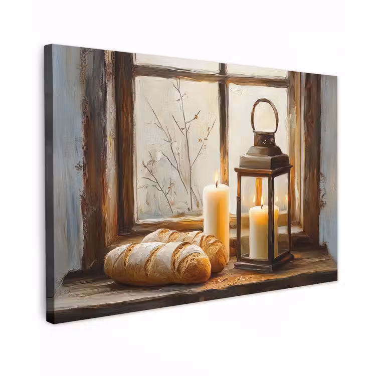 Canvas schilderij - Stilleven - Rustiek - Kaarsen - Broden - Raam — 1