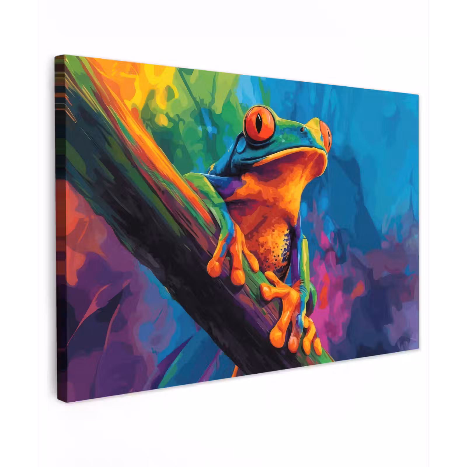 Canvas schilderij - Kikker - Felgekleurd - Tak - Regenboog — 1