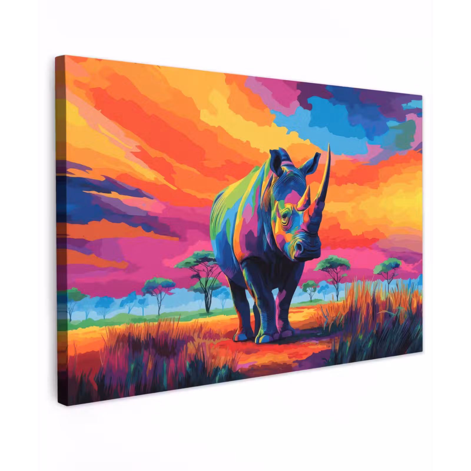 Canvas schilderij - Neushoorn - Zonsondergang - Savanna - Kleurrijk — 1