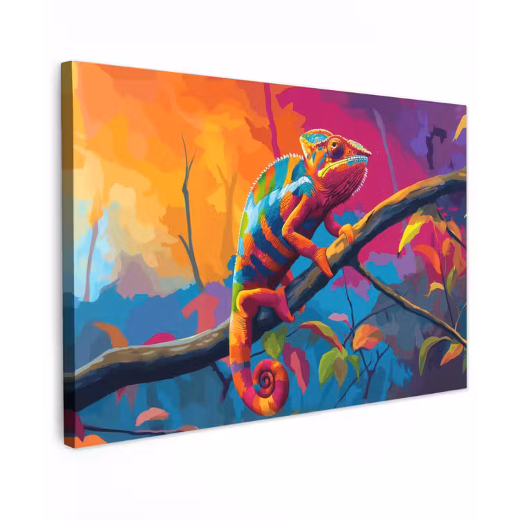 Canvas schilderij - Kameleon - Tak - Gestreept - Bladeren — 1