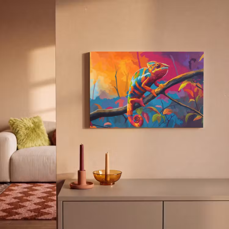 Canvas schilderij - Kameleon - Tak - Gestreept - Bladeren — 2