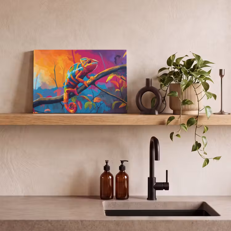 Canvas schilderij - Kameleon - Tak - Gestreept - Bladeren — 4