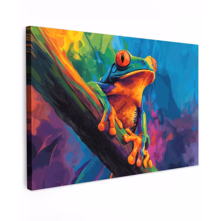 Canvas schilderij - Kikker - Felgekleurd - Tak - Regenboog — 1