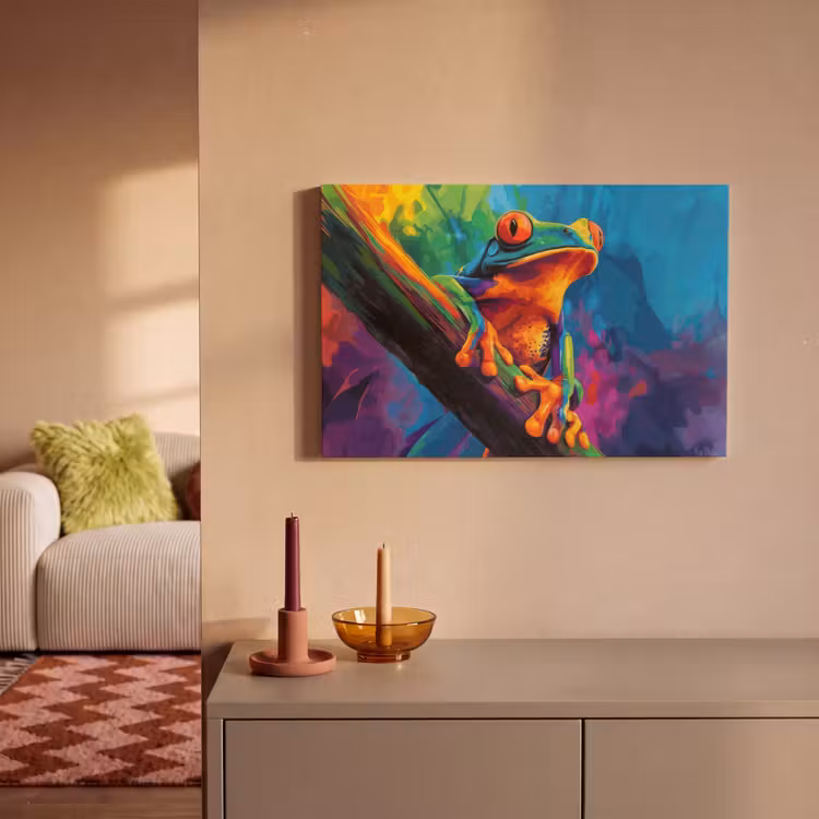 Canvas schilderij - Kikker - Felgekleurd - Tak - Regenboog — 2