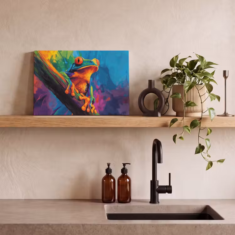 Canvas schilderij - Kikker - Felgekleurd - Tak - Regenboog — 4