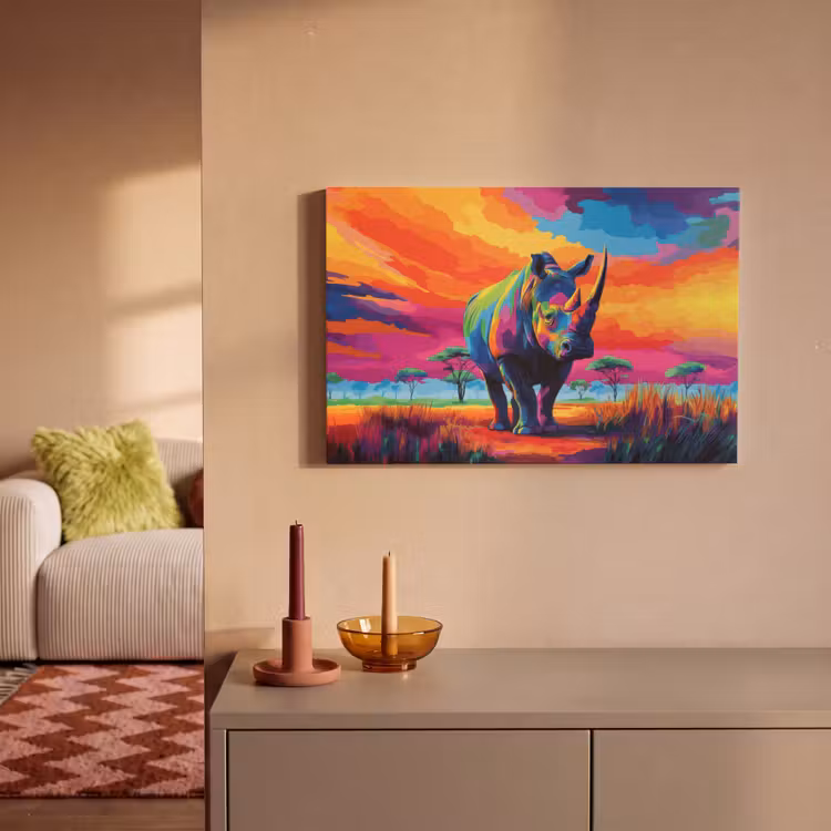 Canvas schilderij - Neushoorn - Zonsondergang - Savanna - Kleurrijk — 2