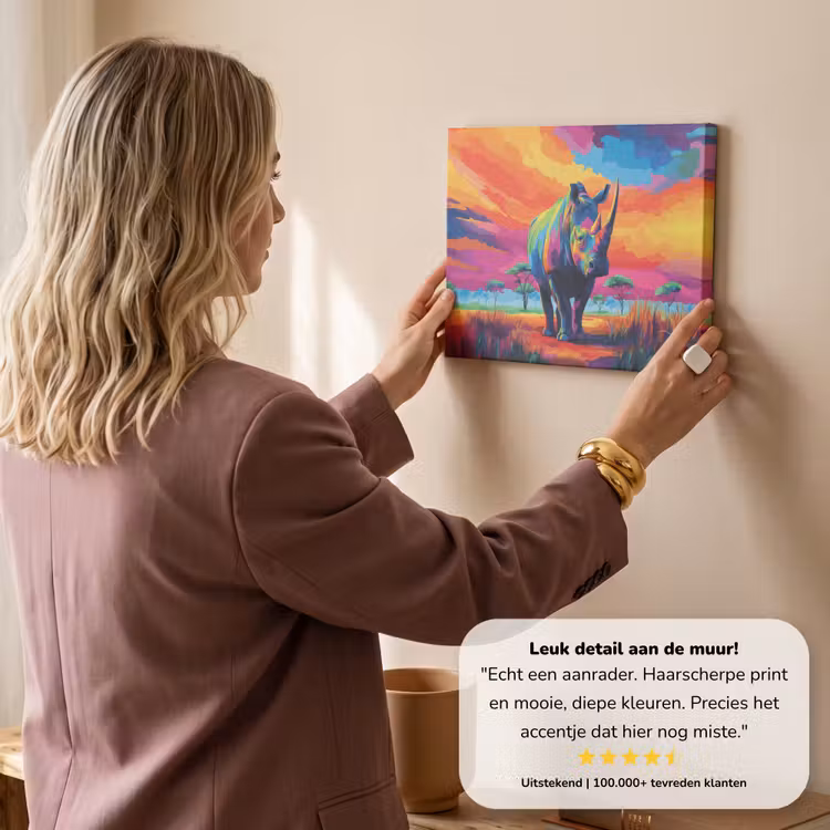 Canvas schilderij - Neushoorn - Zonsondergang - Savanna - Kleurrijk — 3
